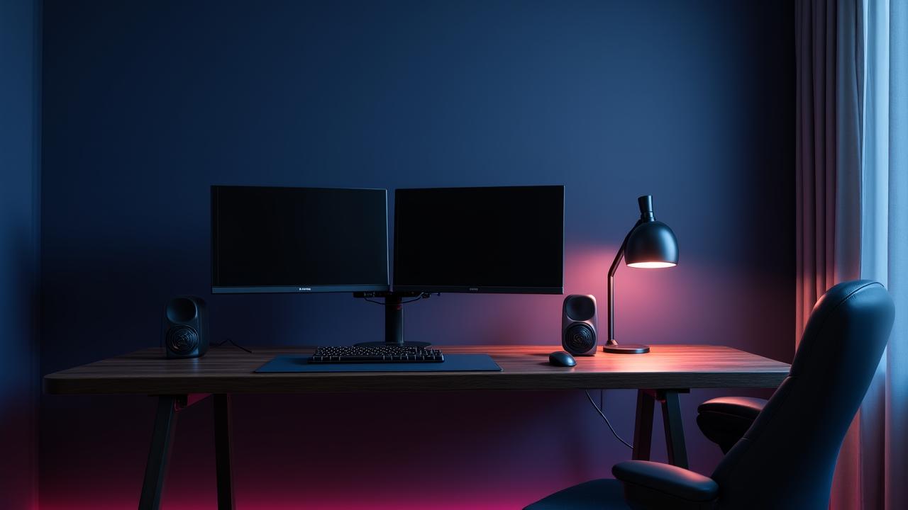 Minimalist modern home office with ergonomic chair and dual monitor setup